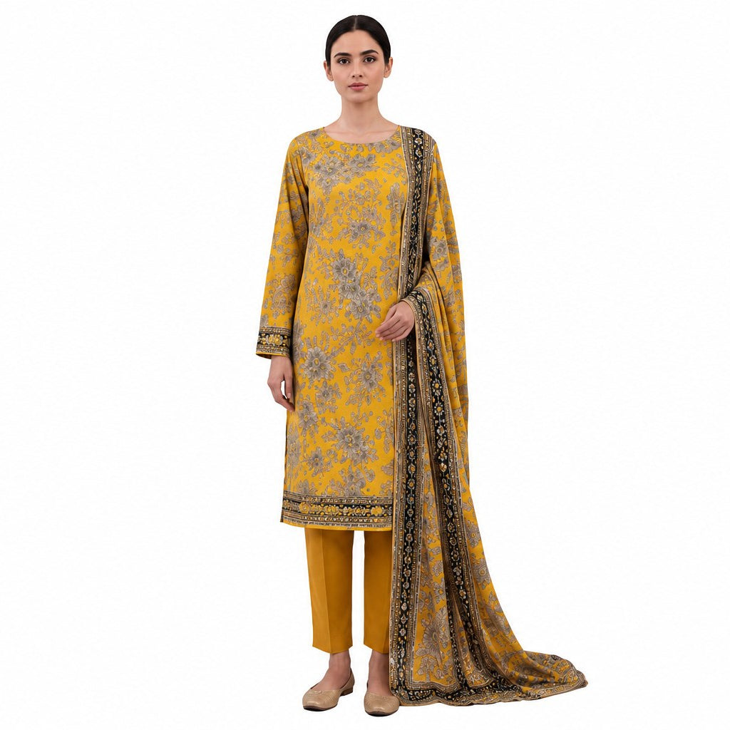 Bin Saeed Summer Unstitched 3 Piece Mustard Floral Lawn Suit For Women