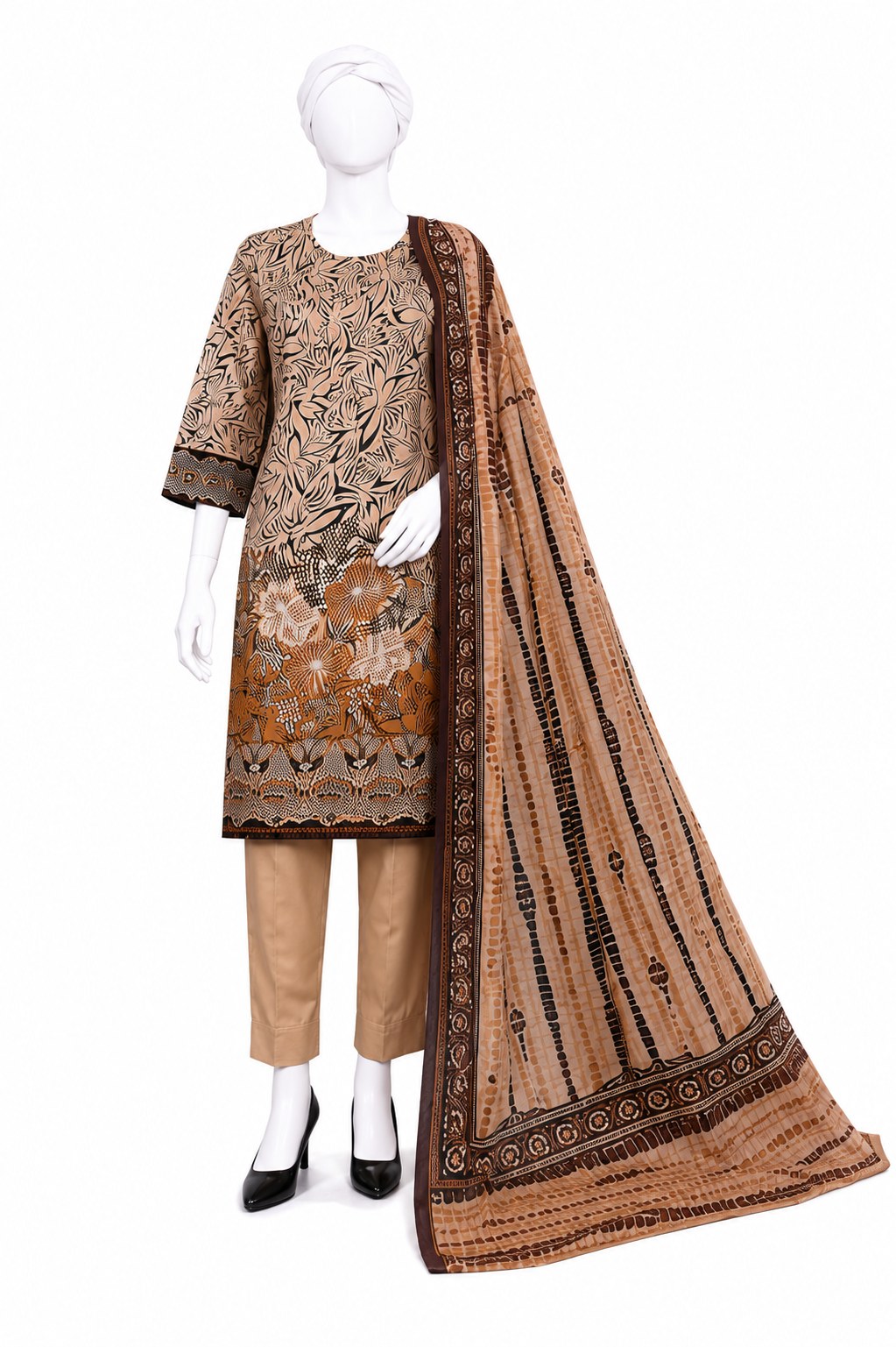 A three-piece traditional outfit displayed on a mannequin, featuring a brown and beige printed kurta, matching trousers, and a coordinating dupatta with a dark border.