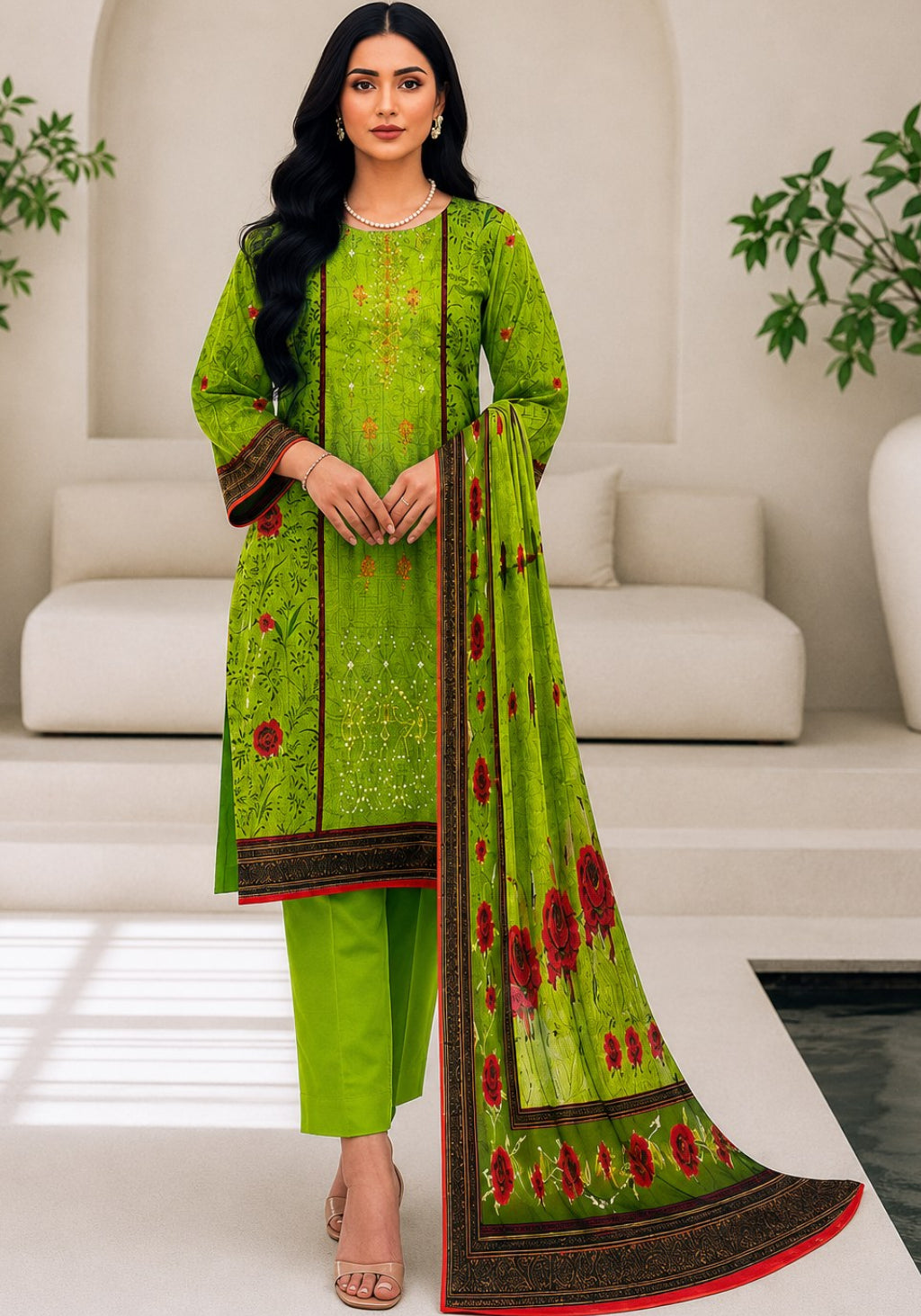 A woman modeling a bright lime green ethnic salwar kameez suit with matching dupatta, featuring red floral embroidery and gold zari borders, set against a modern, minimalist beige interior background.