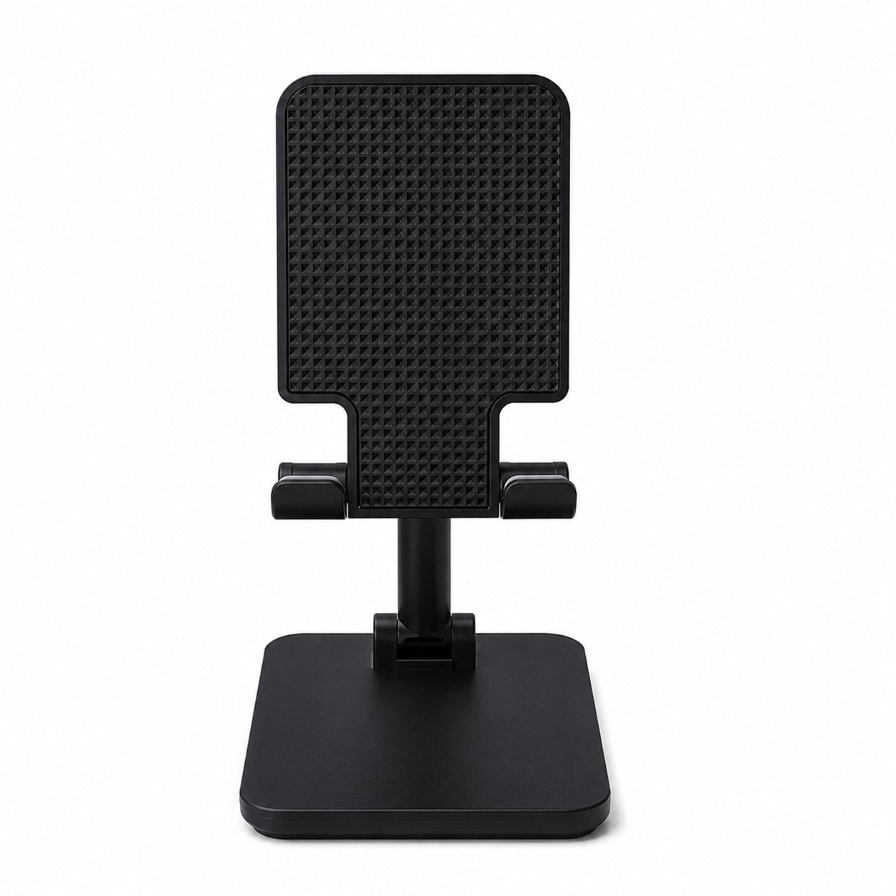 A black adjustable phone stand with a textured rectangular backplate, two small side grips, a central support arm, and a flat square base, shown on a plain white background.