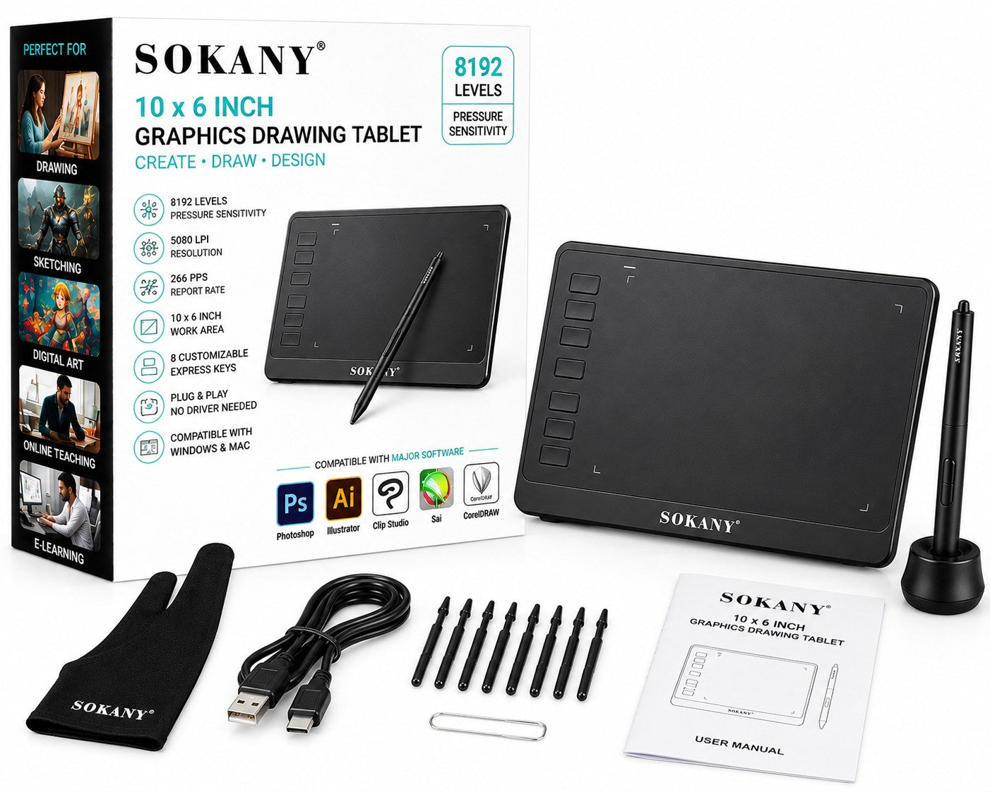 SOKANY 10×6 Inch Graphics Drawing Tablet