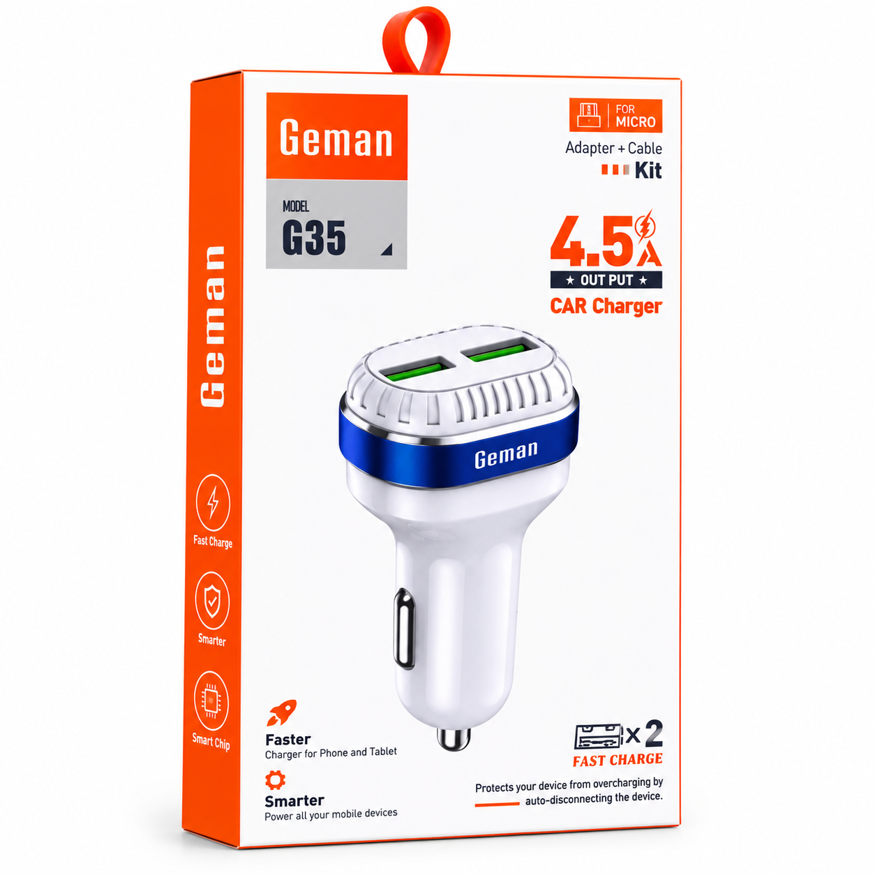 Geman G35 Dual USB Car Charger 4.5A | Fast Charging Auto-ID Car Charger