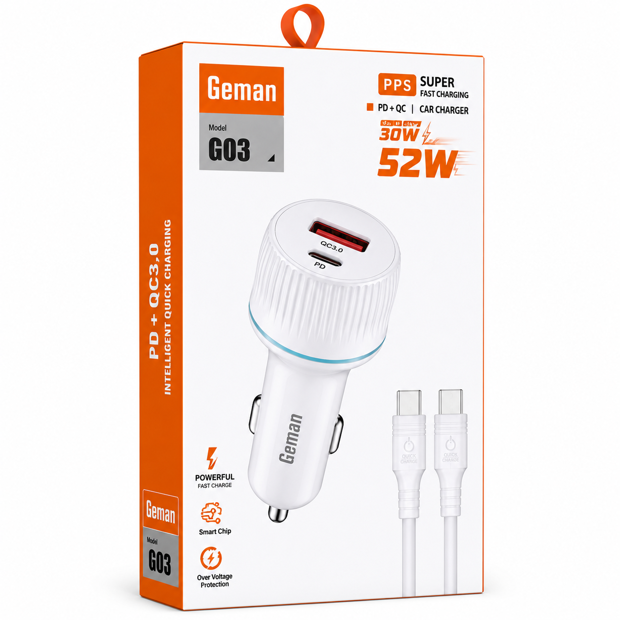 Geman G03 52W PD + QC3.0 Super Fast Car Charger with Type-C Cable