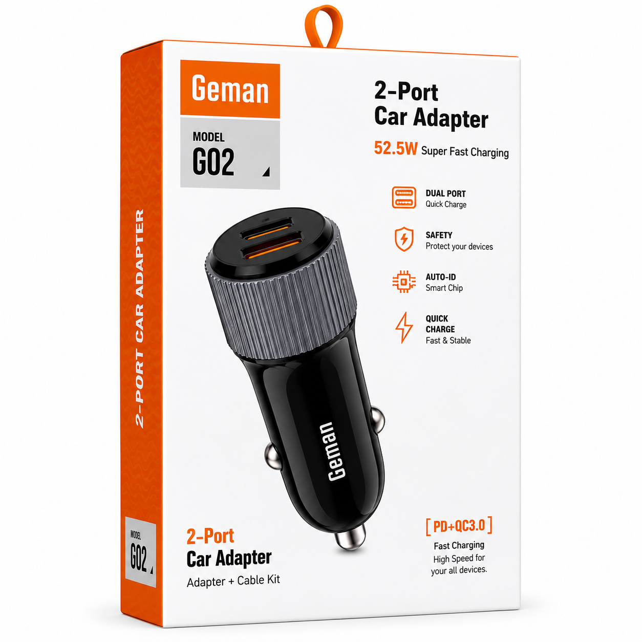Geman G02 52.5W PD + QC3.0 2-Port Fast Car Charger (USB-A + USB-C) with Type-C Cable