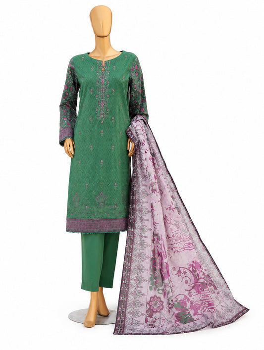 A 3-piece men's traditional outfit displayed on a mannequin, featuring a green kurta with pink floral embroidery, matching green trousers, and a light purple printed dupatta with a dark border.