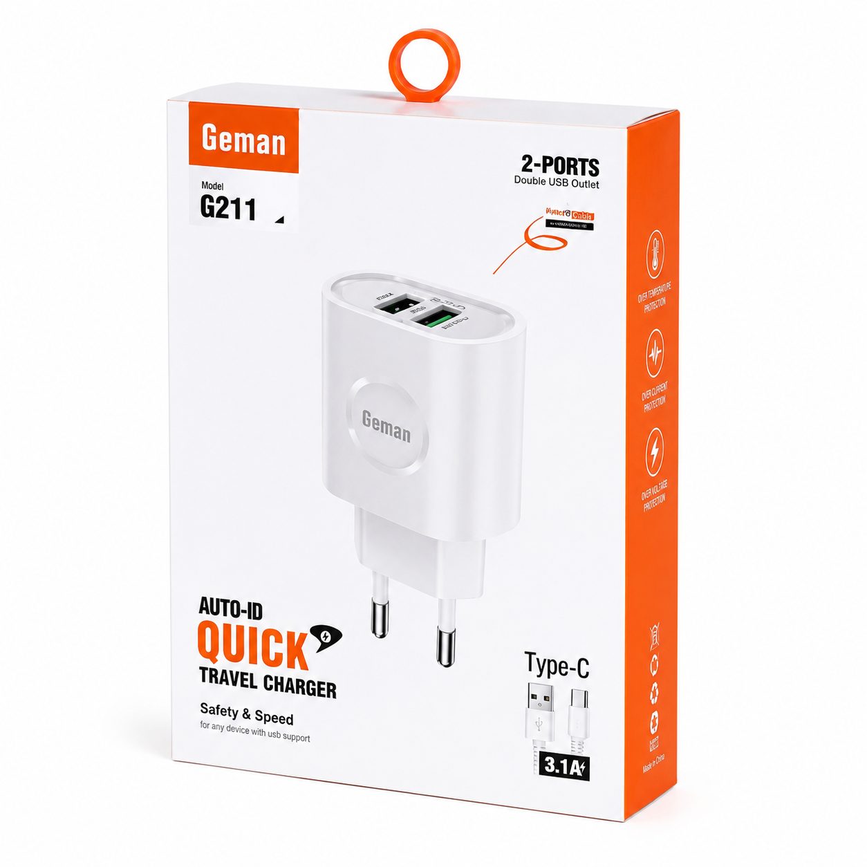 Geman G211 Dual USB Travel Charger with Type-C Cable β 3.1A Fast Charging Adapter
