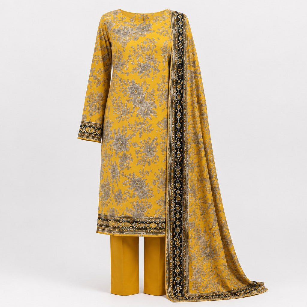 Bin Saeed Summer Unstitched 3 Piece Mustard Floral Lawn Suit For Women