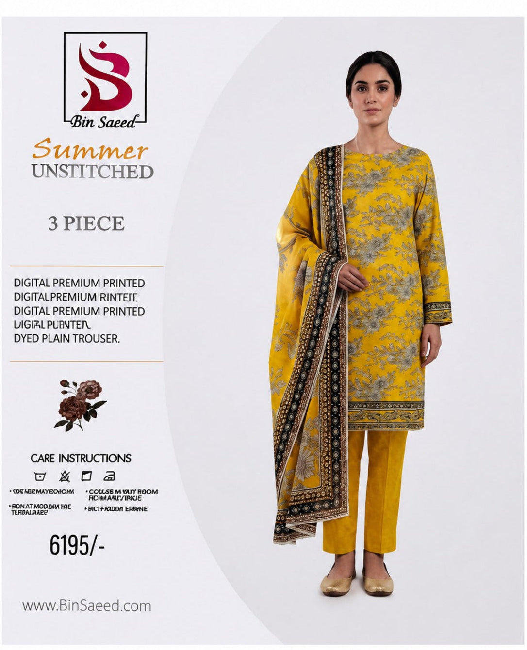 A 3-piece unstitched summer suit set shown on a model, featuring a yellow kurta with gray floral print, matching yellow trousers, and a yellow dupatta with a black and gold border. The image includes branding and product details for BinSaeed Stitched.