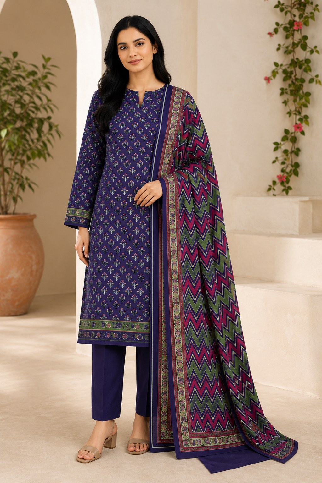 Bin Saeed Summer Unstitched 3 Piece Navy Blue Printed Lawn Suit For Women