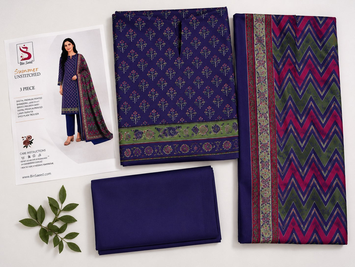 Bin Saeed Summer Unstitched 3 Piece Navy Blue Printed Lawn Suit For Women