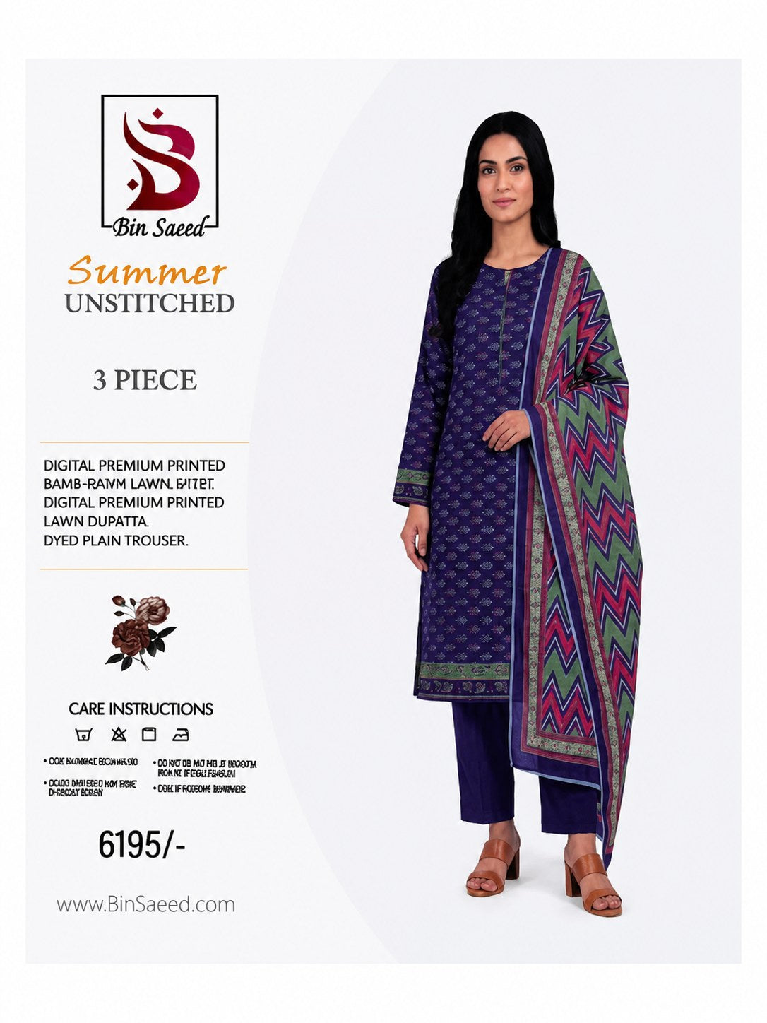 Bin Saeed Summer Unstitched 3 Piece Navy Blue Printed Lawn Suit For Women