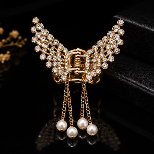 Luxury Butterfly Crystal Hair Claw Clip with Pearl Tassels – Multiple Colors
