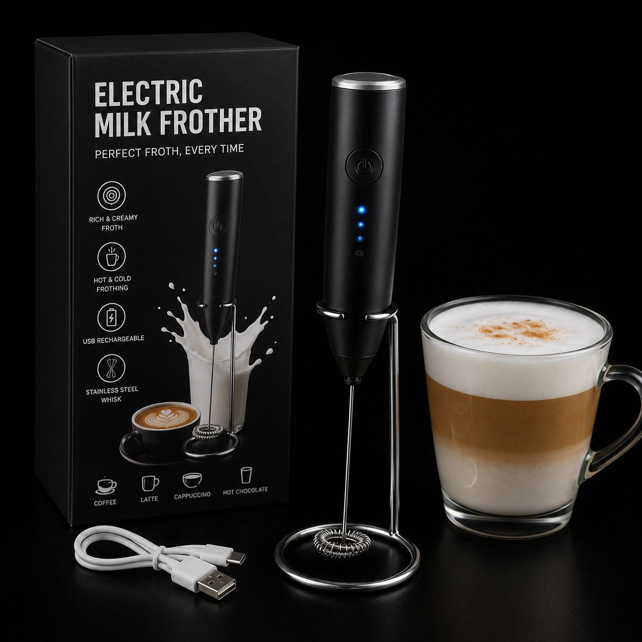 An electric milk frother set displayed on a black background, including the black product body with silver accents, a tall black retail box, a white USB charging cable, and a glass mug of layered latte. The box reads 'ELECTRIC MILK FROTHER' with feature icons.