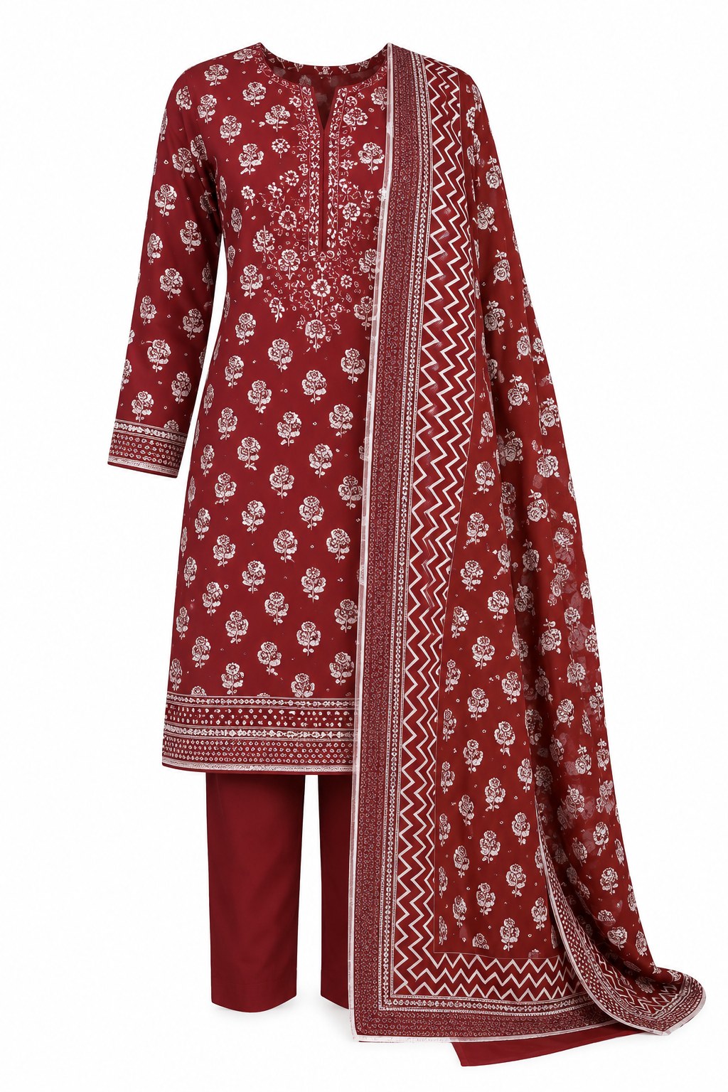 Noor A Lawn Collection Unstitched 3 Piece Maroon Printed Lawn Suit For Women