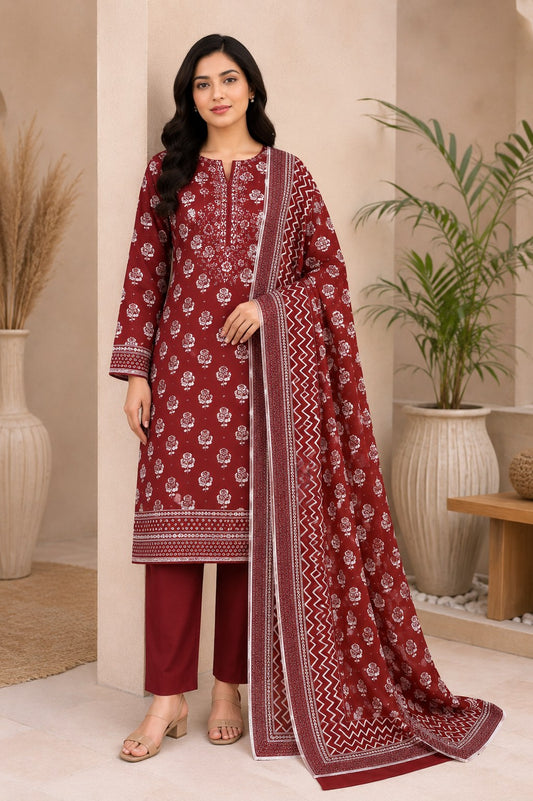 Noor A Lawn Collection Unstitched 3 Piece Maroon Printed Lawn Suit For Women