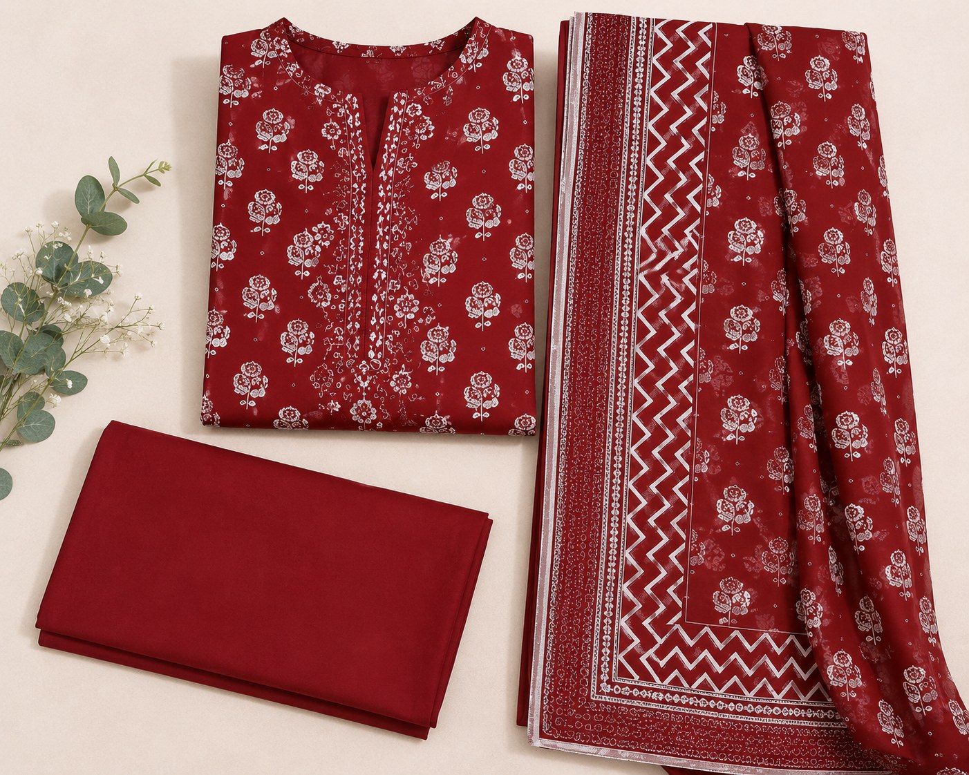 Noor A Lawn Collection Unstitched 3 Piece Maroon Printed Lawn Suit For Women