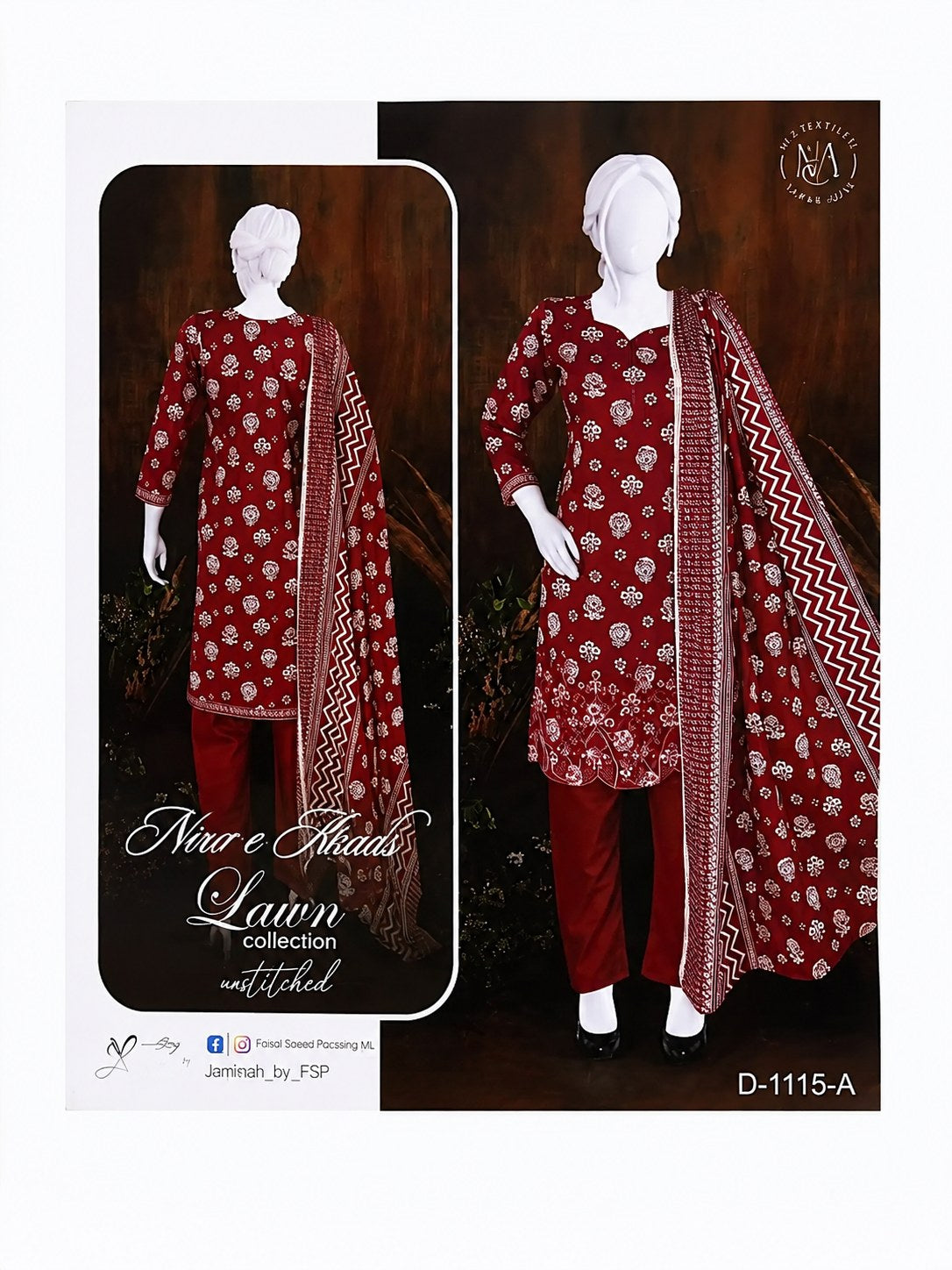 Noor A Lawn Collection Unstitched 3 Piece Maroon Printed Lawn Suit For Women