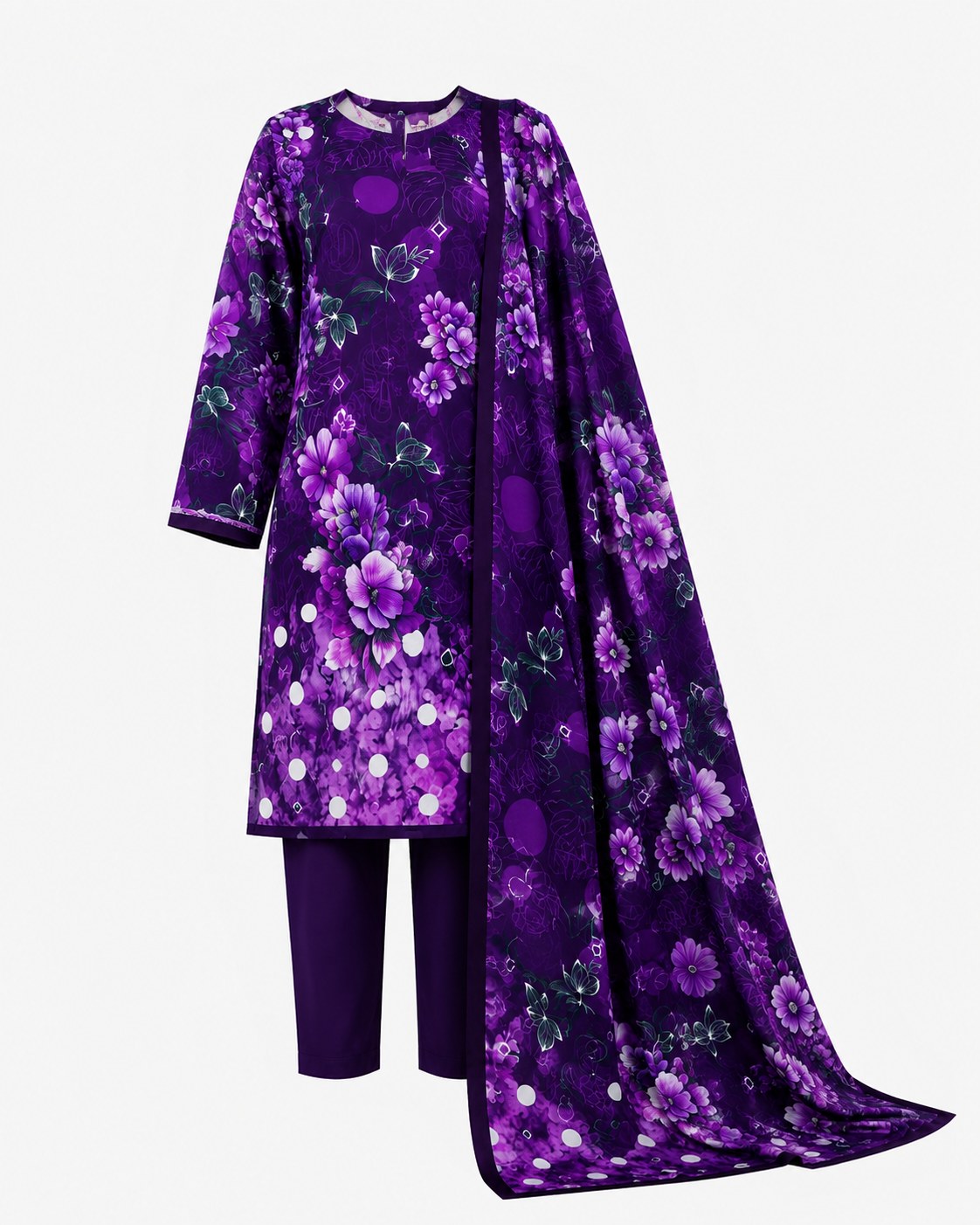 ELAF Premium Summer Unstitched 3 Piece Purple Floral Lawn Suit For Women