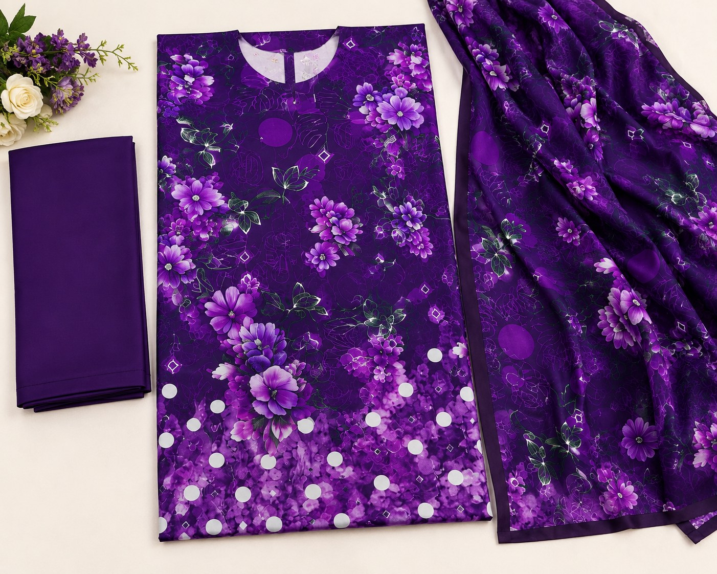ELAF Premium Summer Unstitched 3 Piece Purple Floral Lawn Suit For Women