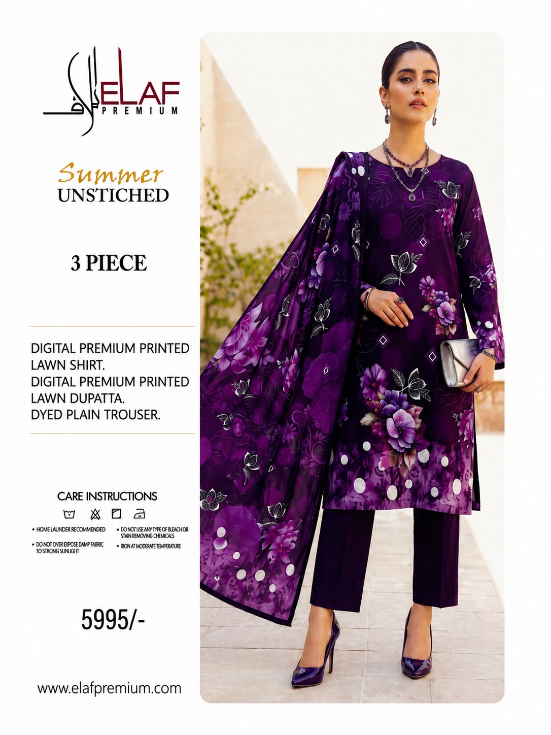 ELAF Premium Summer Unstitched 3 Piece Purple Floral Lawn Suit For Women