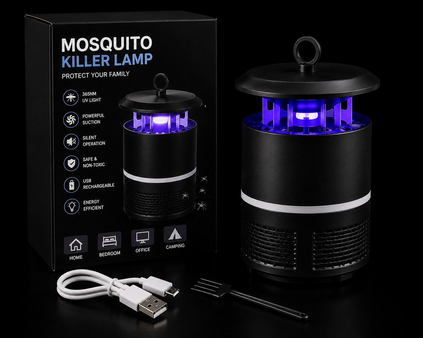 Mosquito killer lamp set shown with its retail box, a USB charging cable, and a small cleaning tool on a black background. The lamp is black with a glowing purple insect trap interior, and the packaging reads 'MOSQUITO KILLER LAMP'.