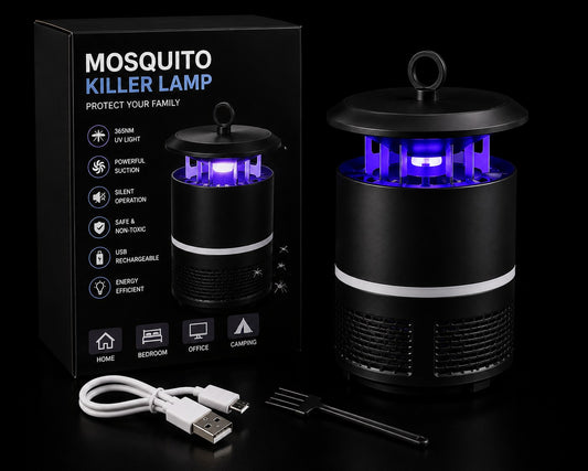 Mosquito killer lamp set shown with its retail box, a USB charging cable, and a small cleaning tool on a black background. The lamp is black with a glowing purple insect trap interior, and the packaging reads 'MOSQUITO KILLER LAMP'.