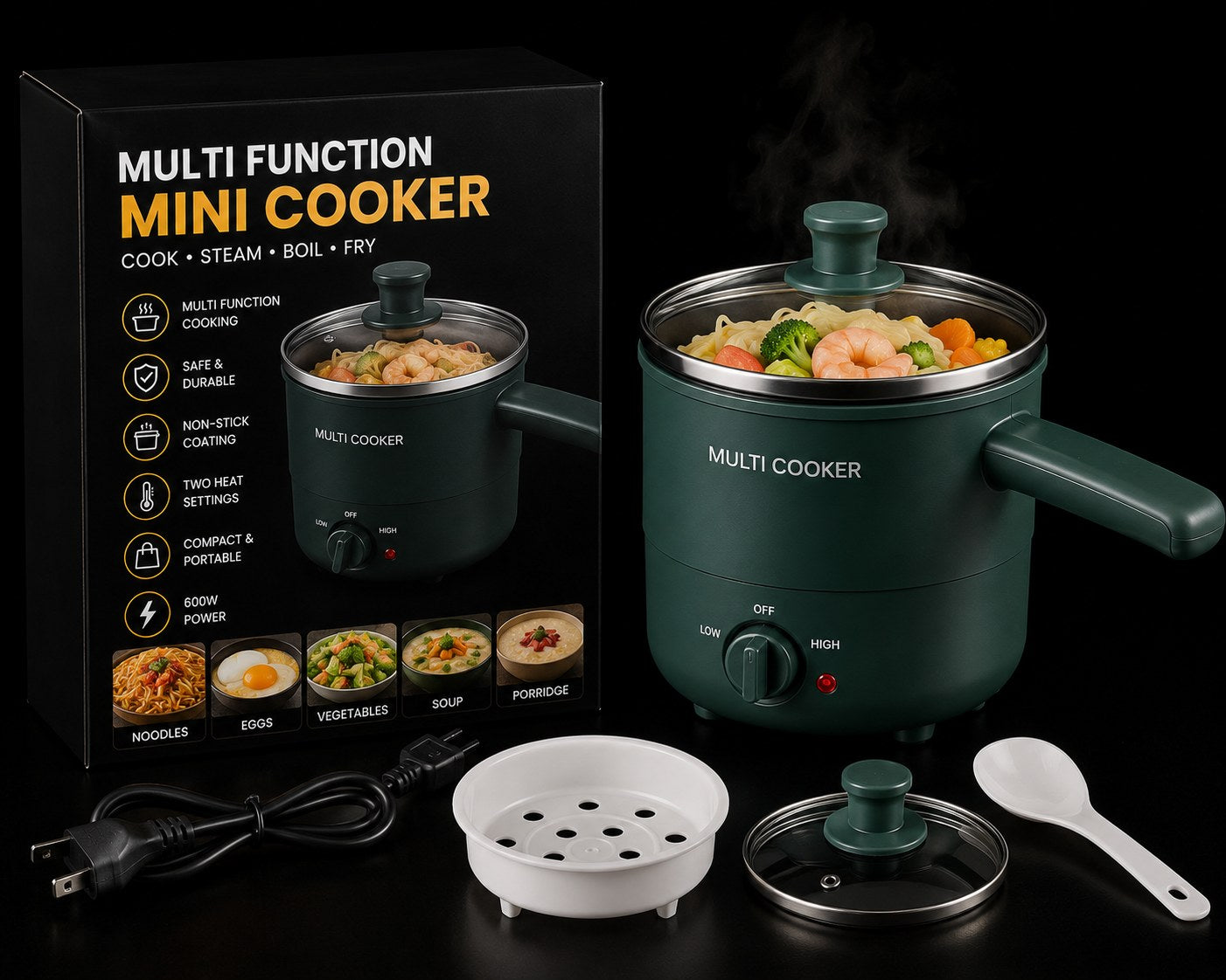 A dark green multi-function mini cooker shown with its black retail box, power cord, white steaming insert, glass lid, and white spoon on a black background. The cooker is filled with cooked shrimp, broccoli, and carrots, and the box highlights cooking functions such as cook, steam, boil, and fry.