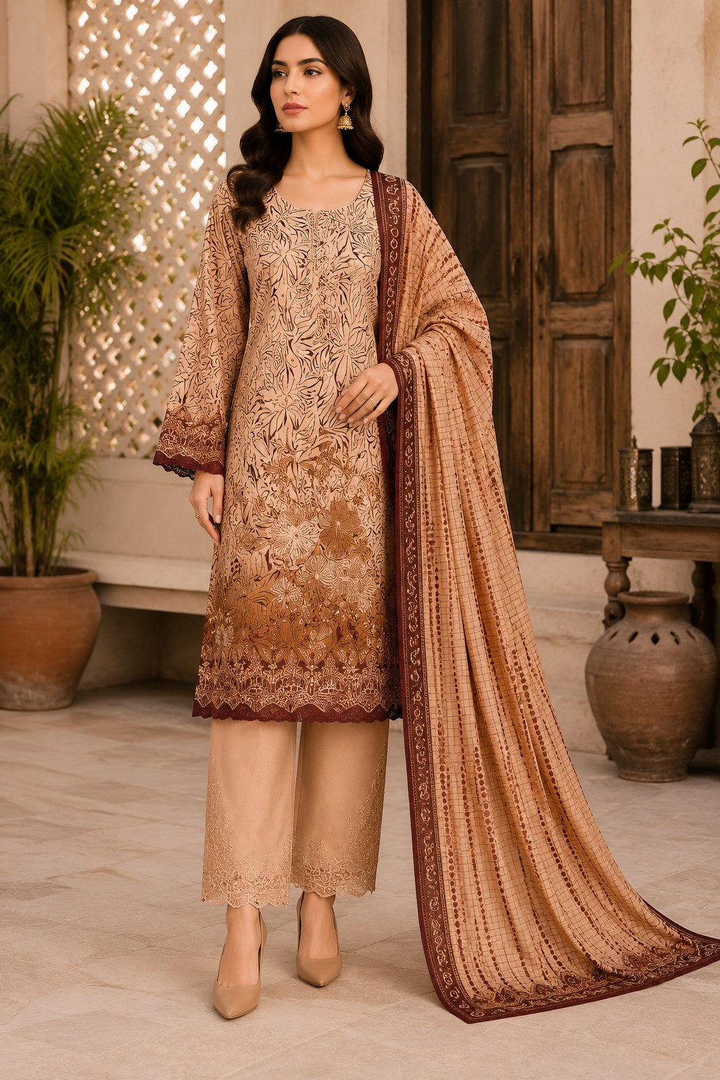 Noor e HaaL Lawn Collection Unstitched 3 Piece Beige Printed Lawn Suit For Women