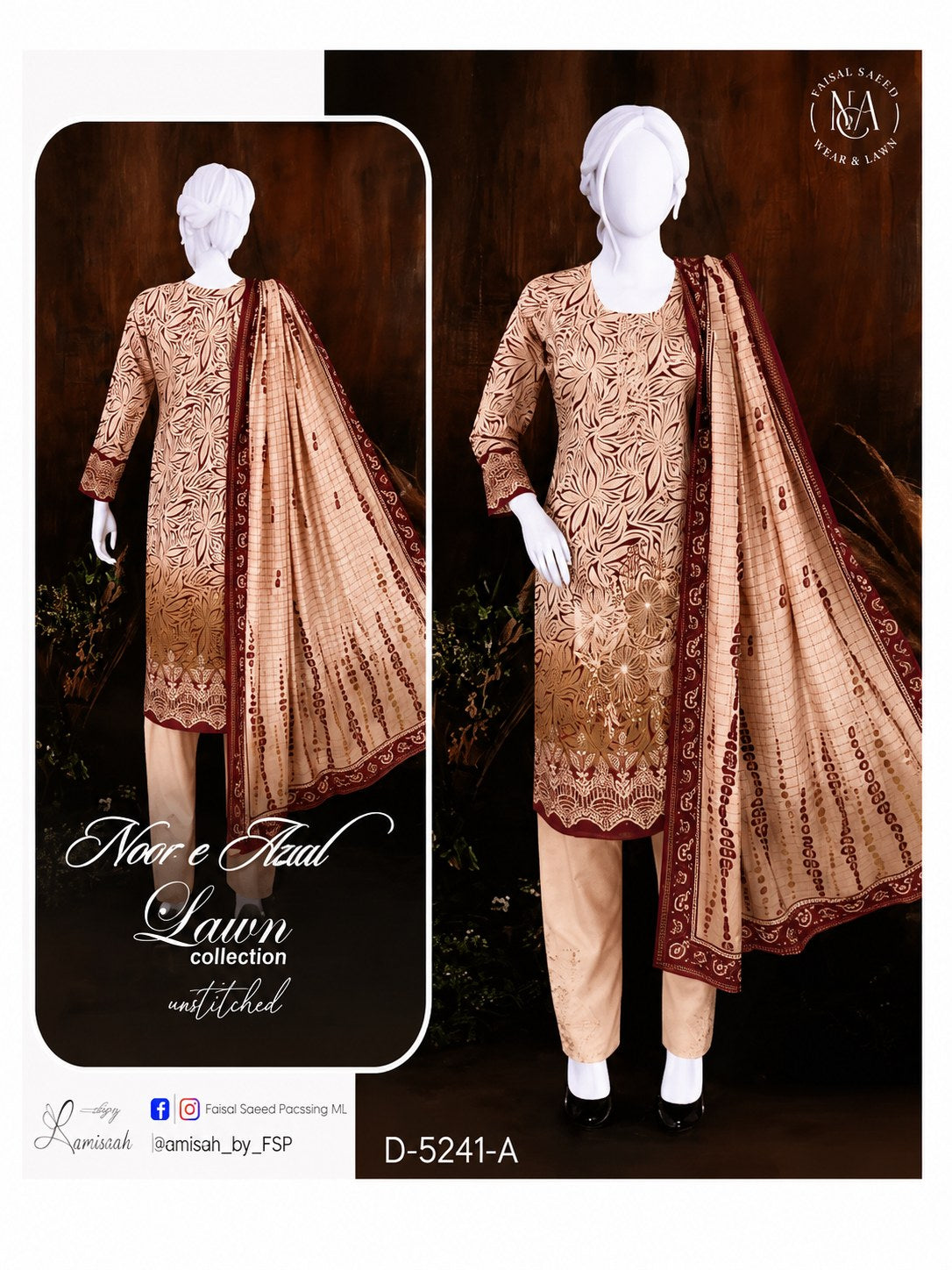 Noor e HaaL Lawn Collection Unstitched 3 Piece Beige Printed Lawn Suit For Women