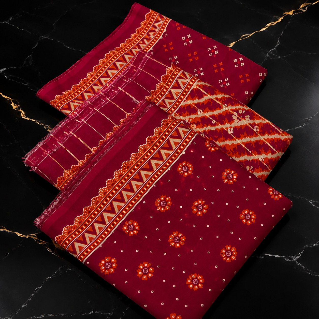 Three folded pieces of deep red fabric with orange and white traditional patterns and borders, arranged diagonally on a black marble surface with gold veins.