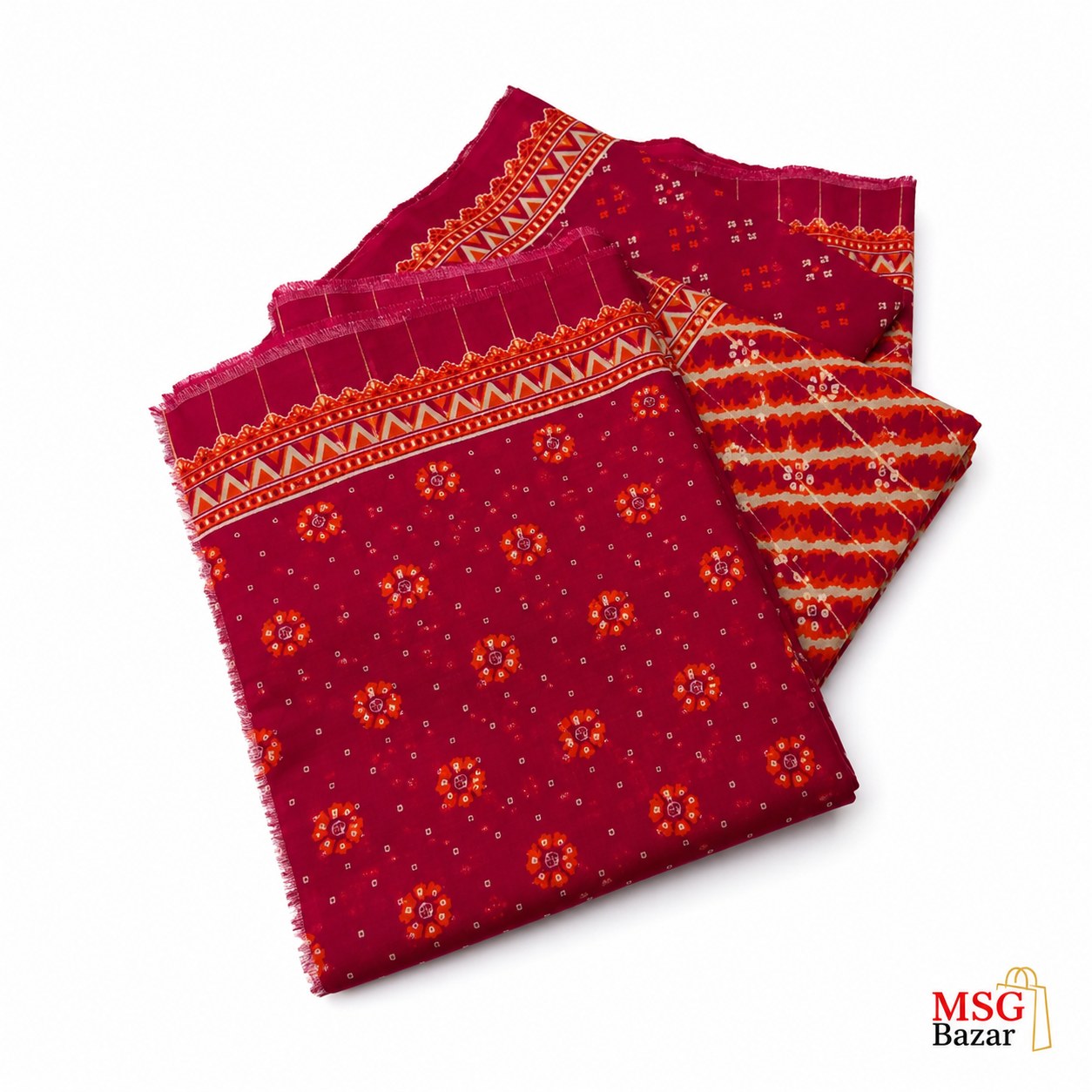 A folded piece of deep red fabric with orange and yellow floral prints, geometric borders, and striped patterns, displayed on a white background with an MSG Bazar logo in the bottom right corner.