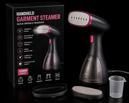 Handheld garment steamer shown with its retail box, steaming attachment, fabric brush, and small clear cup on a black background. The device is primarily black with pink accents and a transparent water tank.