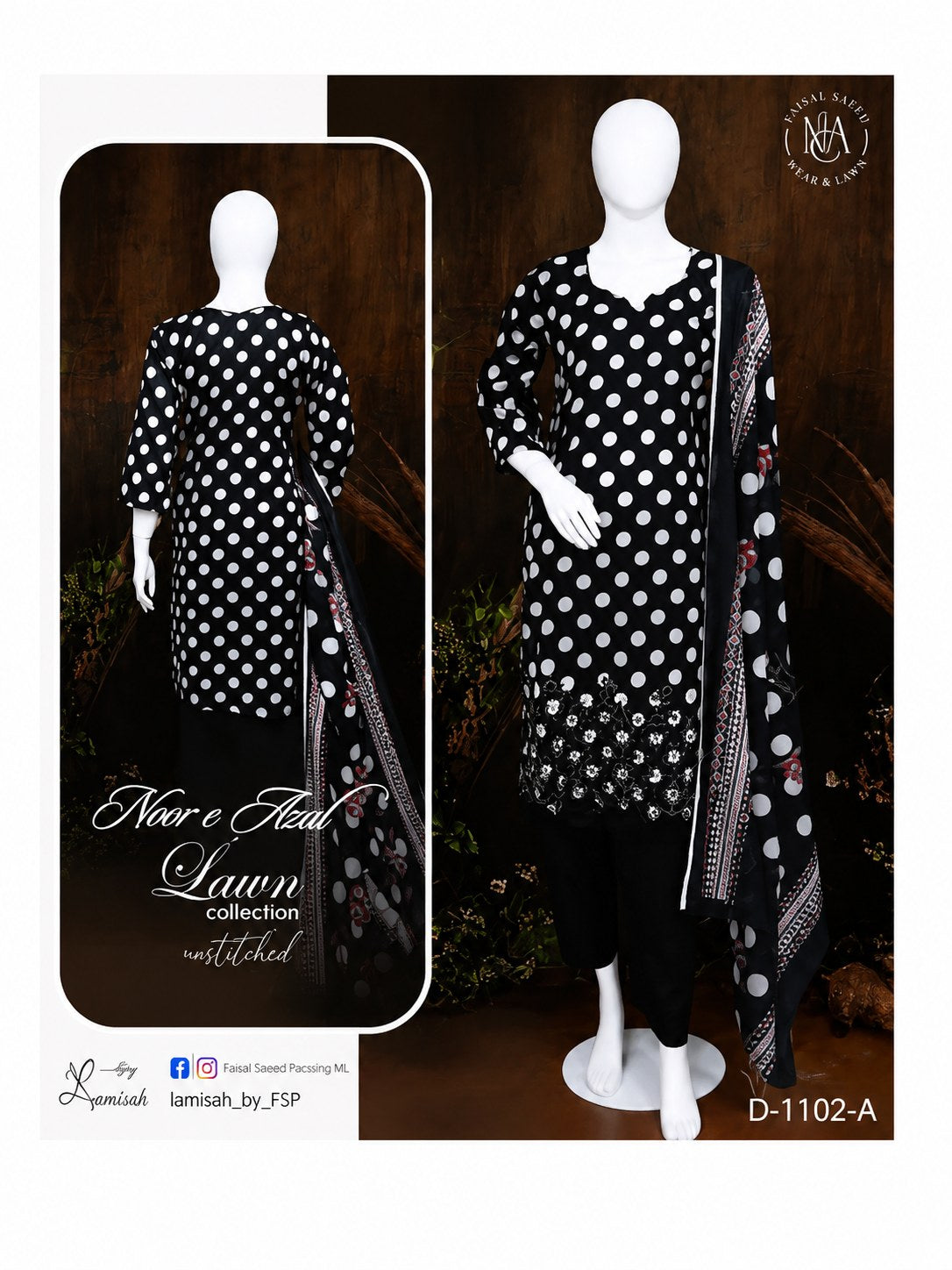 Noor e Jannat Lawn Collection Unstitched 3 Piece Black & White Polka Dot Suit For Women