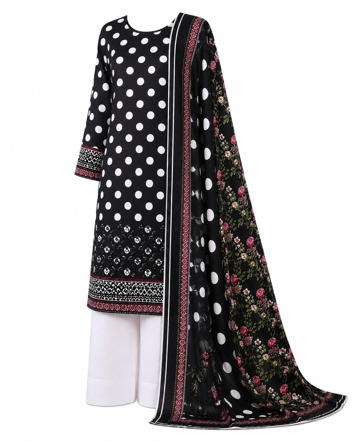 A women's traditional three-piece outfit set featuring a black kurta with white polka dots and floral border prints, paired with white pants and a matching black dupatta with white polka dots and a floral print.