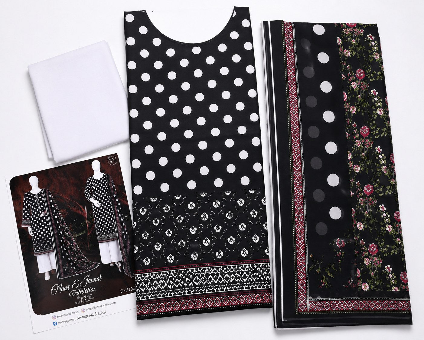 Noor e Jannat Lawn Collection Unstitched 3 Piece Black & White Polka Dot Suit For Women