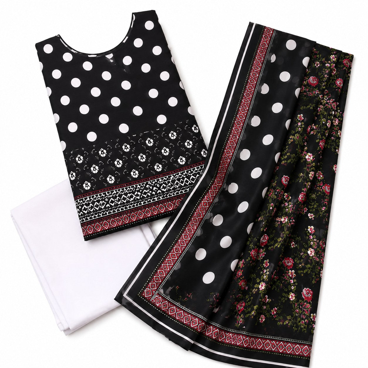 Noor e Jannat Lawn Collection Unstitched 3 Piece Black & White Polka Dot Suit For Women