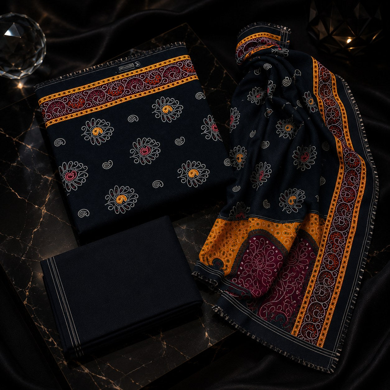 A folded and draped dark navy fabric set with ornate border patterns in mustard yellow, burgundy, and white, arranged on a dark marble surface with a glass and candle in a moody styled setting.