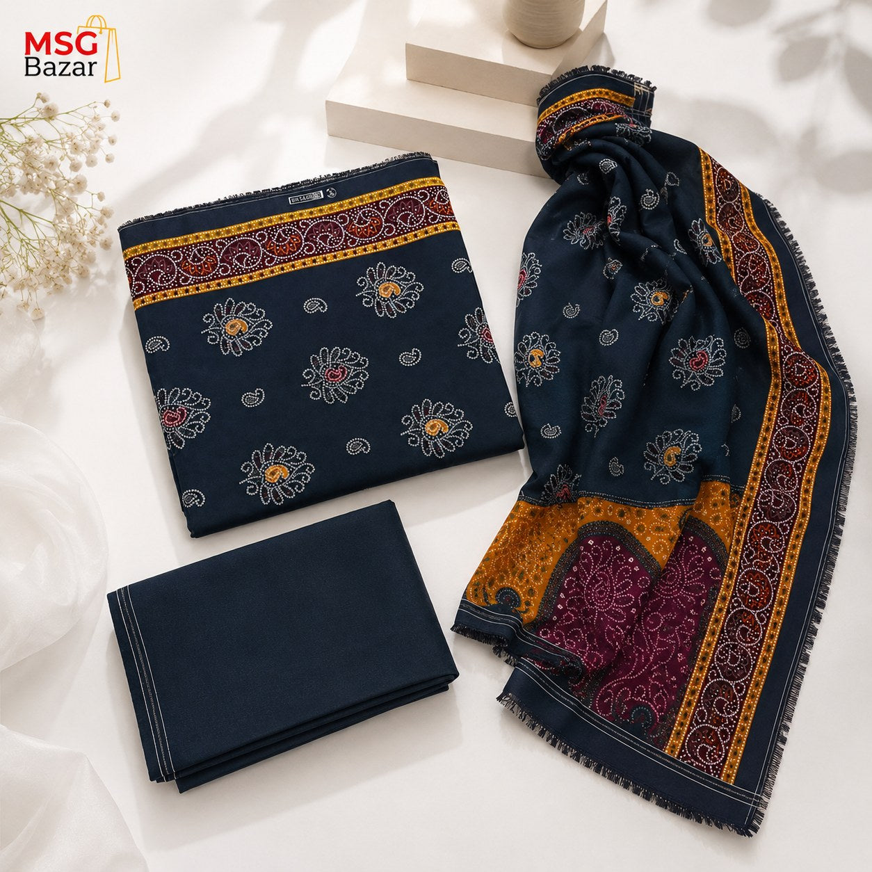 A folded and draped navy blue fabric scarf or shawl with ornate floral and paisley motifs, shown on a clean white surface with decorative props. The fabric features a navy base with mustard yellow, burgundy, and white printed patterns and fringe along one edge.