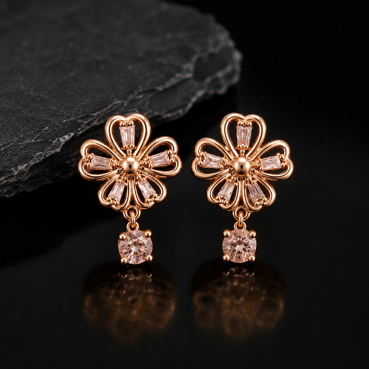 Elegant Floral Crystal Stud Earrings for Women – Rose Gold Finish