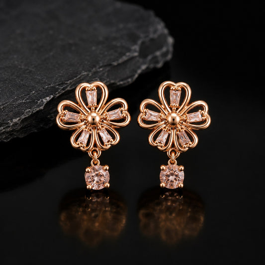 Elegant Floral Crystal Stud Earrings for Women – Rose Gold Finish
