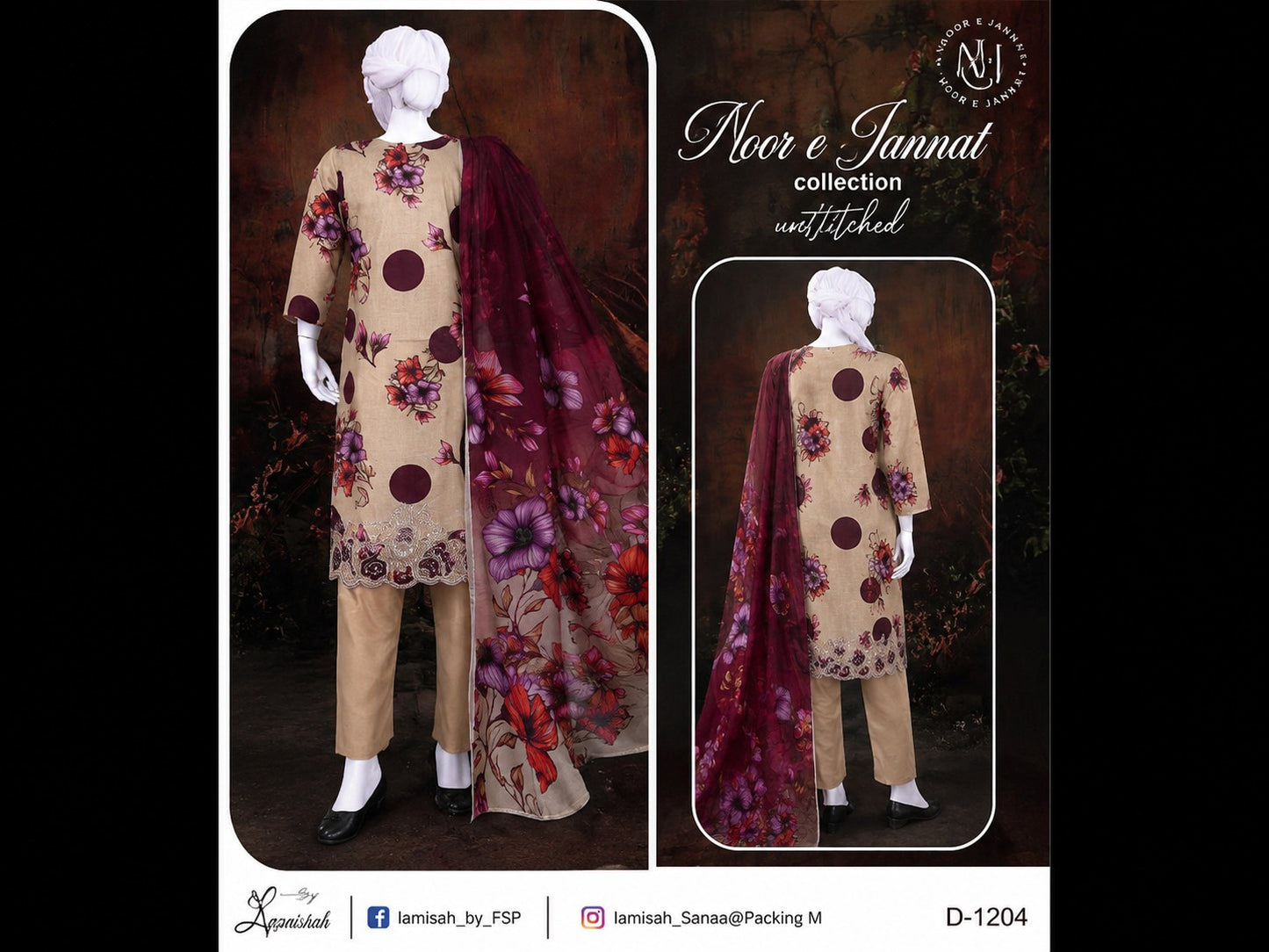 Noor e Jannat Collection Unstitched 3 Piece Digital Printed Lawn Suit – Beige & Maroon Floral Edition
