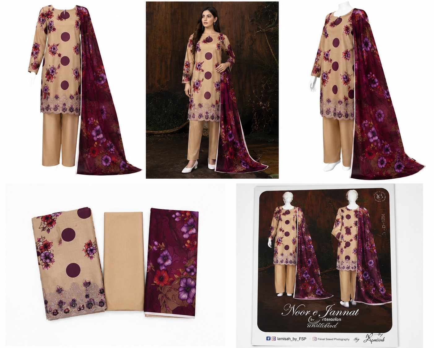 Noor e Jannat Collection Unstitched 3 Piece Digital Printed Lawn Suit – Beige & Maroon Floral Edition