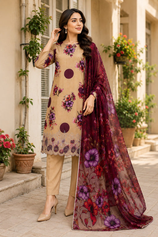 Noor e Jannat Collection Unstitched 3 Piece Digital Printed Lawn Suit – Beige & Maroon Floral Edition