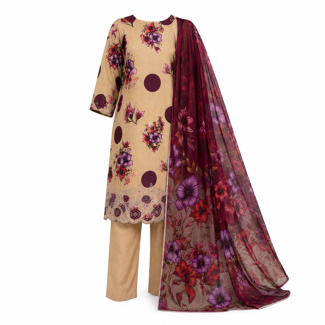 Noor e Jannat Collection Unstitched 3 Piece Digital Printed Lawn Suit – Beige & Maroon Floral Edition