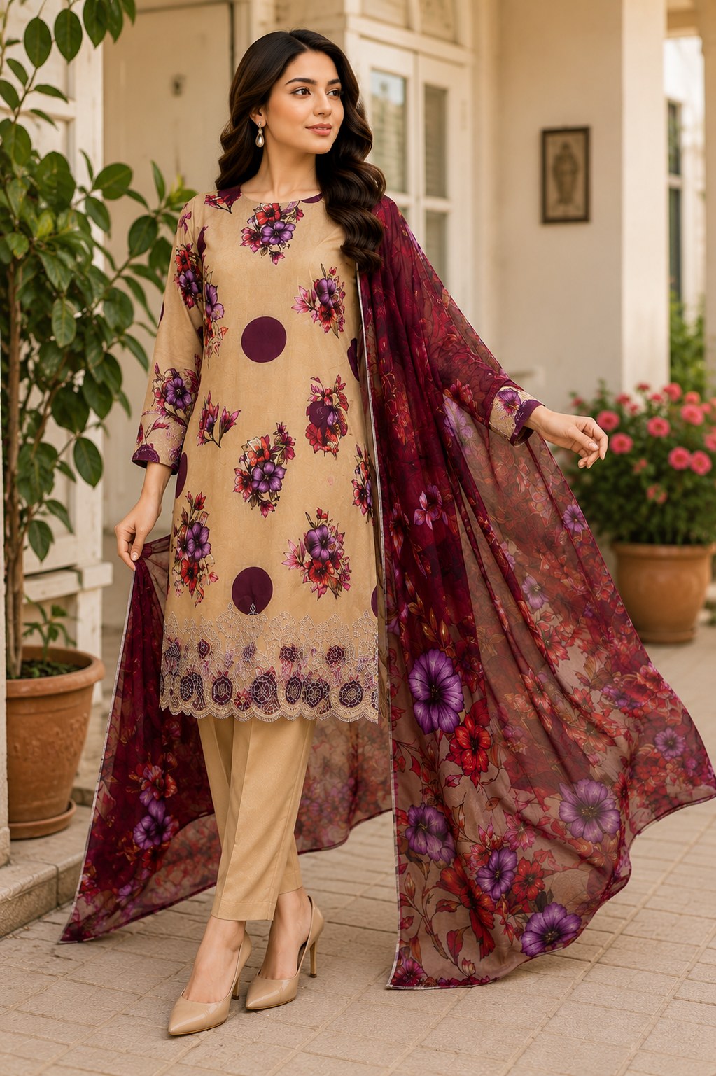 Noor e Jannat Collection Unstitched 3 Piece Digital Printed Lawn Suit – Beige & Maroon Floral Edition