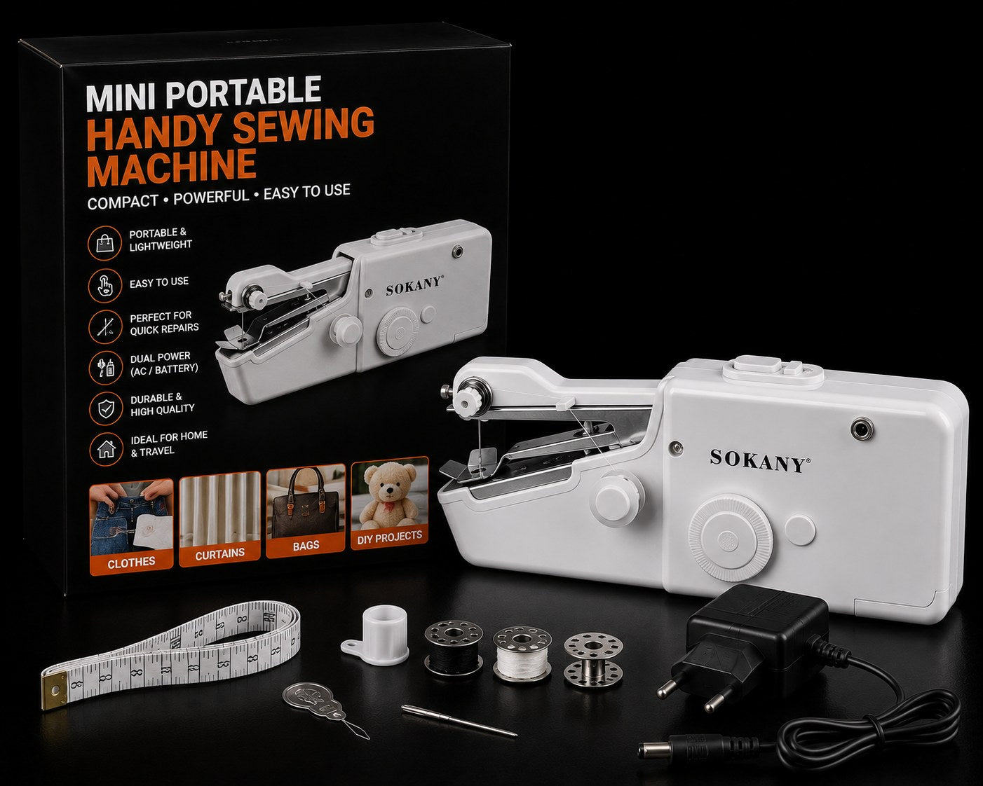 A white Sokany mini portable handheld sewing machine shown with its black retail box, accessories including a measuring tape, thread spools, needle, pins, and power adapter, on a black background.