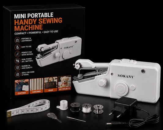 A white Sokany mini portable handheld sewing machine shown with its black retail box, accessories including a measuring tape, thread spools, needle, pins, and power adapter, on a black background.