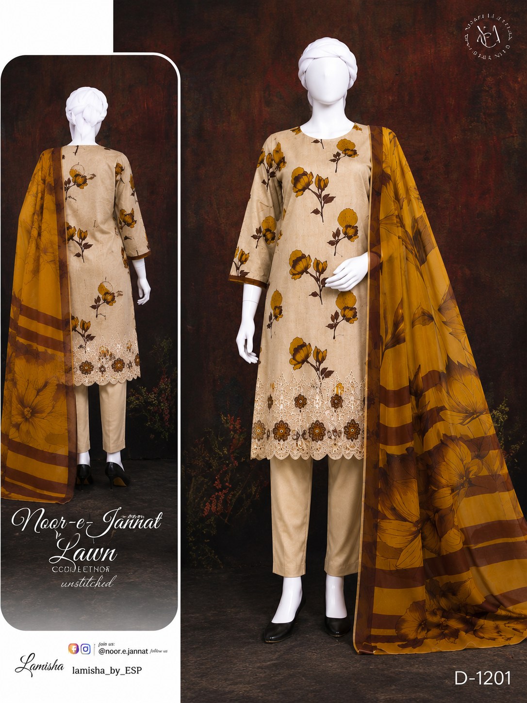 Noor e Jannat Lawn Collection Unstitched 3 Piece Suit – Beige & Mustard Floral Edition (D-1201)