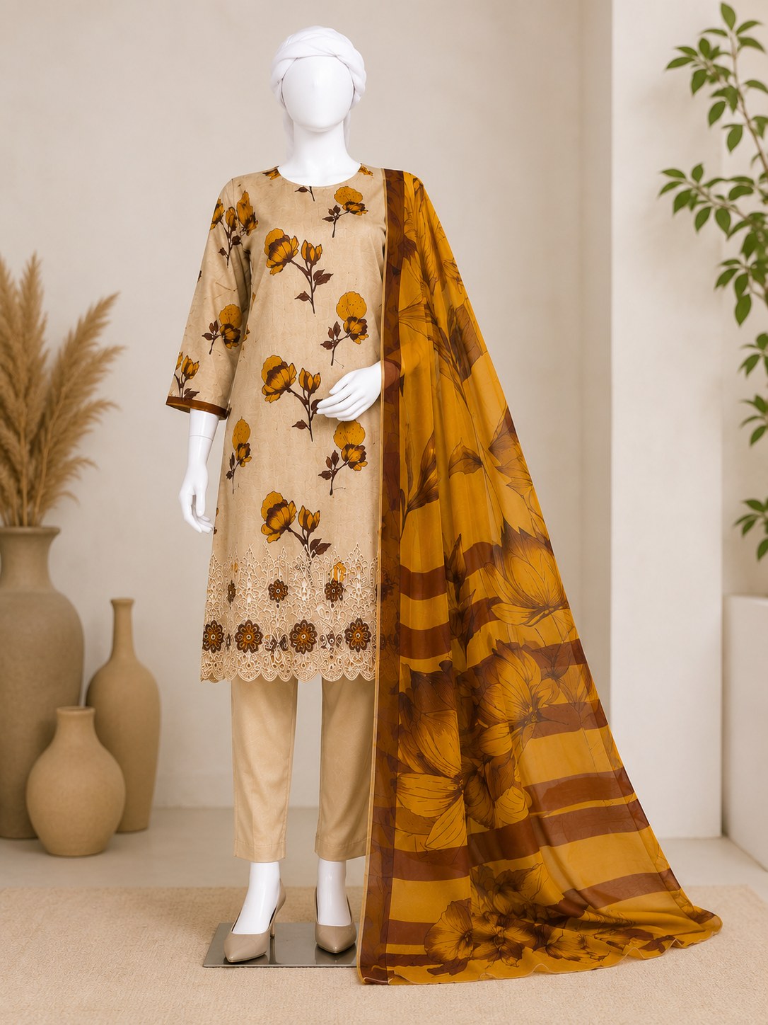 Noor e Jannat Lawn Collection Unstitched 3 Piece Suit – Beige & Mustard Floral Edition (D-1201)