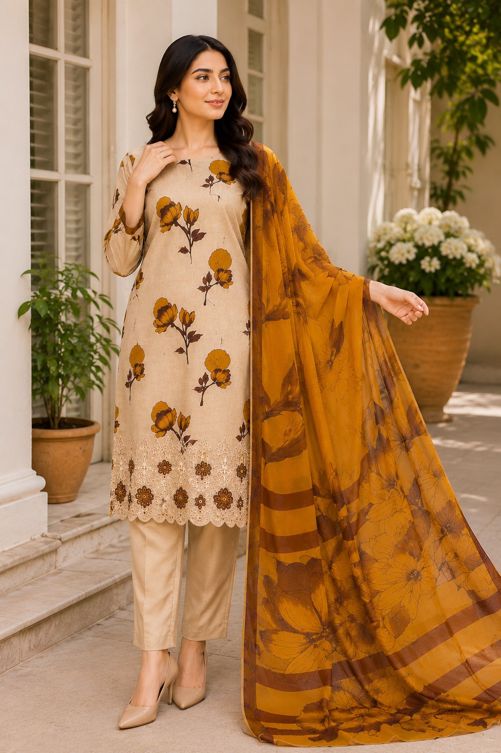 Noor e Jannat Lawn Collection Unstitched 3 Piece Suit – Beige & Mustard Floral Edition (D-1201)